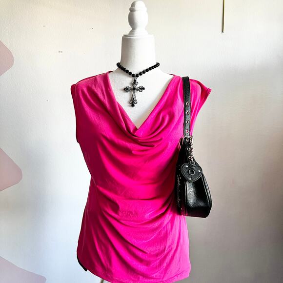 George Tops - Y2K Hot Pink Cowl Neck Tank Top, 2000s,‎ Baddie, Coquette, Romantic, Large